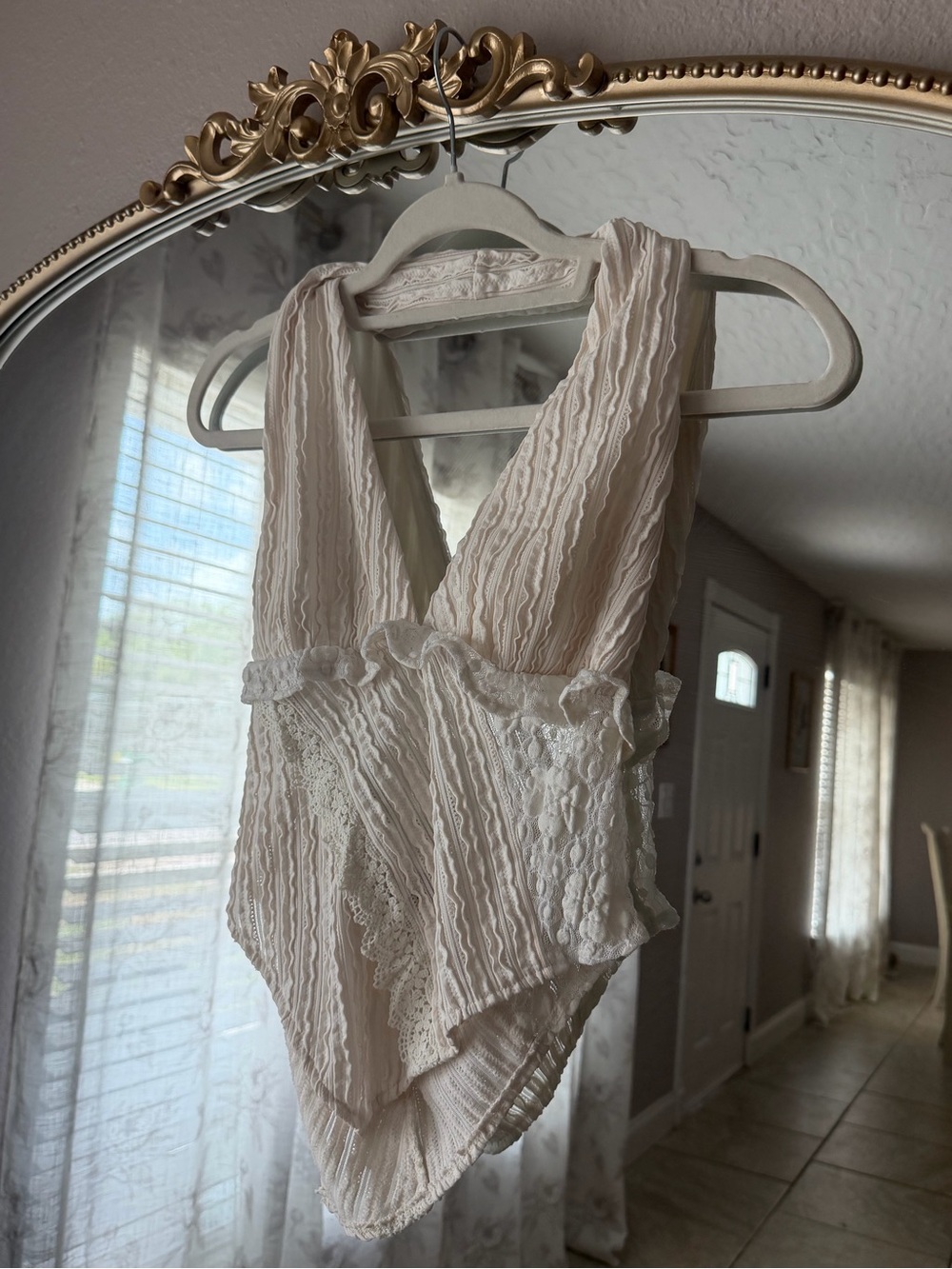 Women's Lace-Trim Cream Halter Bodysuit